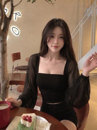 Summer Thin Mesh See-Through Sun-Protective Long-Sleeve Women's Square-Neck Tight-Fitting Tube Top with Flared Sleeves and Pure Desire Slimming Top