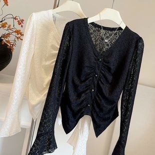 长袖 修身 T恤女 不规则上衣早秋新款 小众高级蕾丝提花V领褶皱喇叭袖