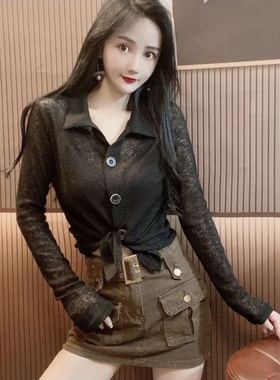 灰色纯欲上衣秋女高级感polo领正肩长袖修身性感辣妹薄款针织开衫