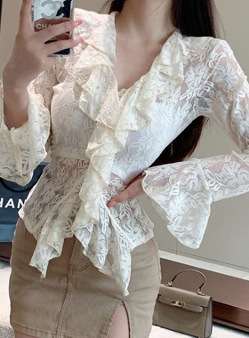 捡漏特价剪镖外贸折扣女装蕾丝V领长袖衬衫女秋新款纯欲别致上衣