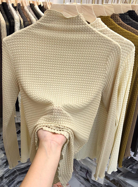 捡漏特价剪镖外贸折扣女装新款木耳边半高领长袖t恤蕾丝打底衫女