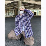 美式慵懒风复古格子长袖宽松垫肩字母刺绣衬衫外套B289-CS715-P68，男装衬衫，电商B289