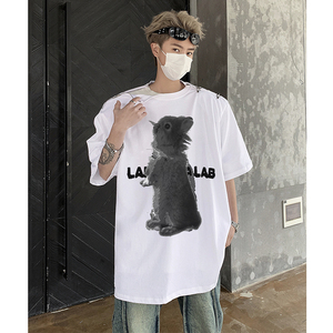 美式垫肩卡通兔子印花短袖T恤拉链设计男女嘻哈半袖-H86088-P68图片