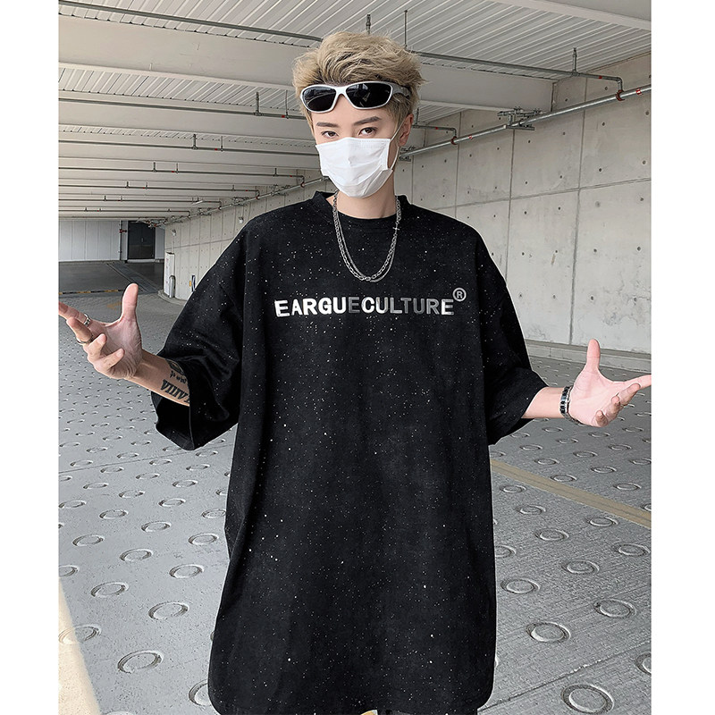 美式重磅水洗做旧满天星宽松短袖T恤百搭男女星空体恤-H86047-P68,男装T恤,电商B289