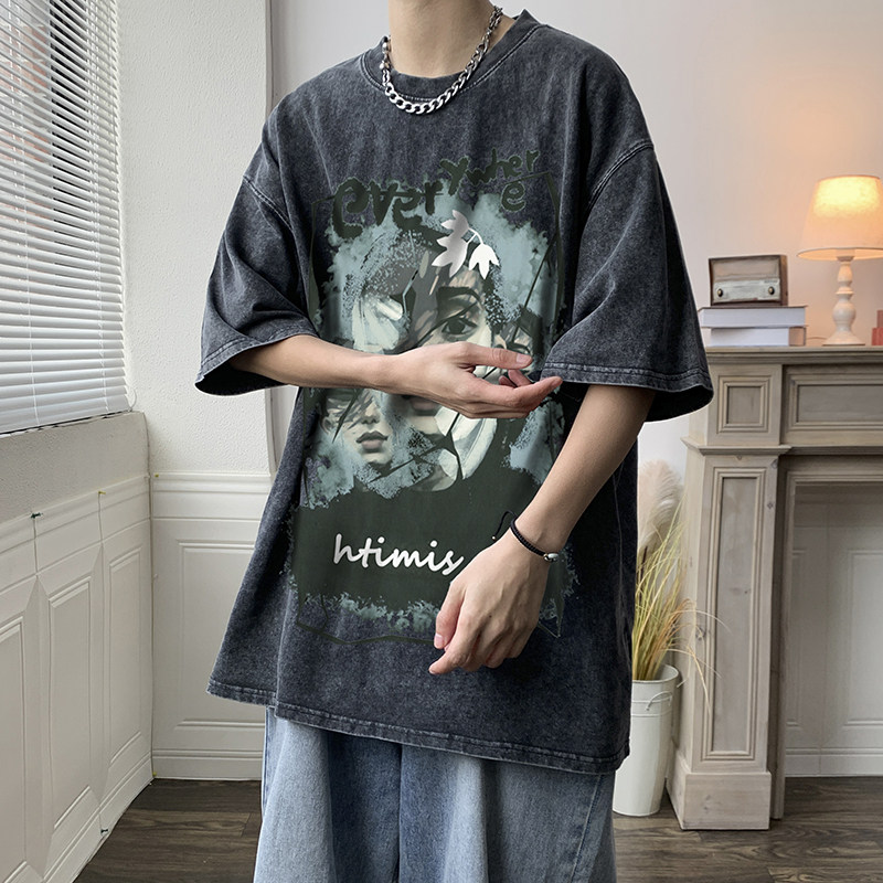 美式嘻哈做旧水洗涂鸦印花宽松短袖T恤男女半袖体恤衫-T555-P38,男装T恤,电商B289