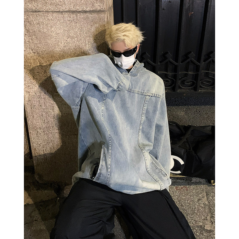 巴黎水洗复古周杰伦同款牛仔连帽宽松卫衣外套潮B289-WY1120-P88,女装短外套,电商B289