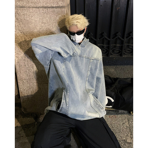 巴黎水洗复古周杰伦同款牛仔连帽宽松卫衣外套潮B289-WY1120-P88图片