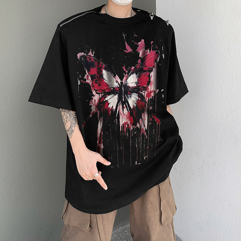 美式金属拉链设计垫肩蝴蝶印花涂鸦宽松短袖T恤男B289-H8700-P68,男装T恤,电商B289