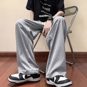 棋盘格冰丝裤子男夏季薄款美式高街长裤宽松直筒阔腿裤K886-P45图片