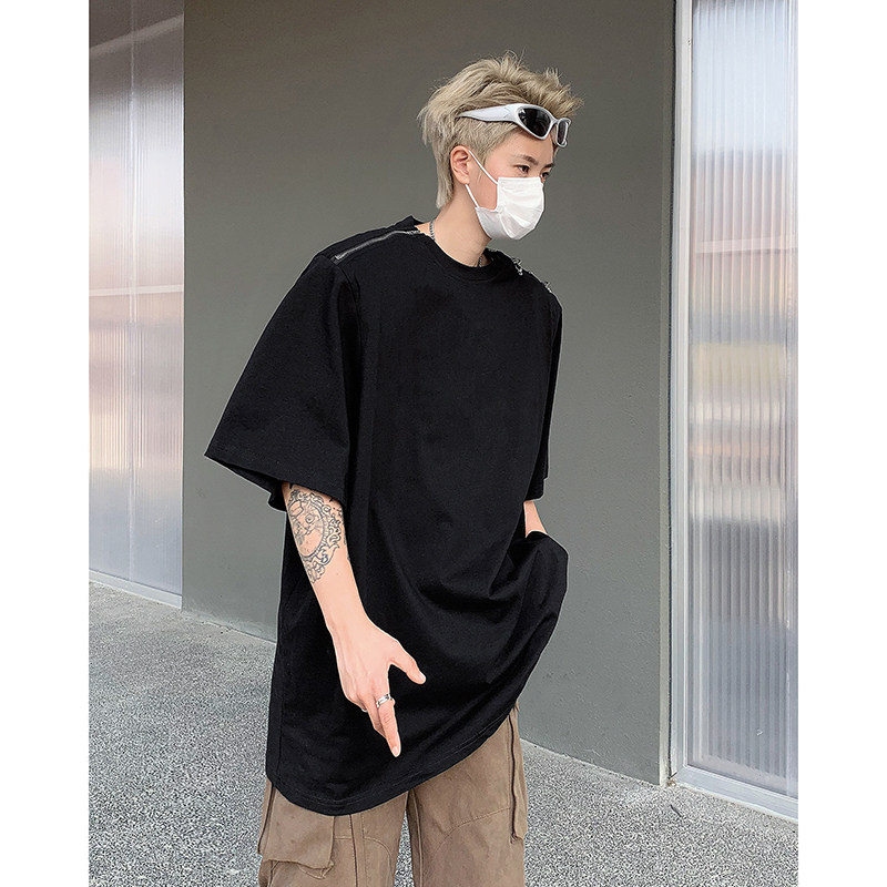 美式金属拉链设计垫肩纯色百搭宽松男女短袖T恤B289-H86030-P58,男装T恤,电商B289
