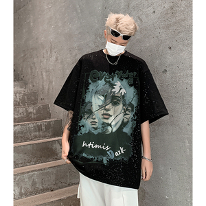 美式夏季重磅满天星卡通印花涂鸦宽松短袖男女T恤B289-H8701-P45图片