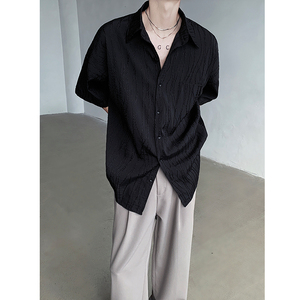 学院风休闲领带宽松短袖衬衣男宽松痞帅七分袖衬衫-CS8687-P68图片