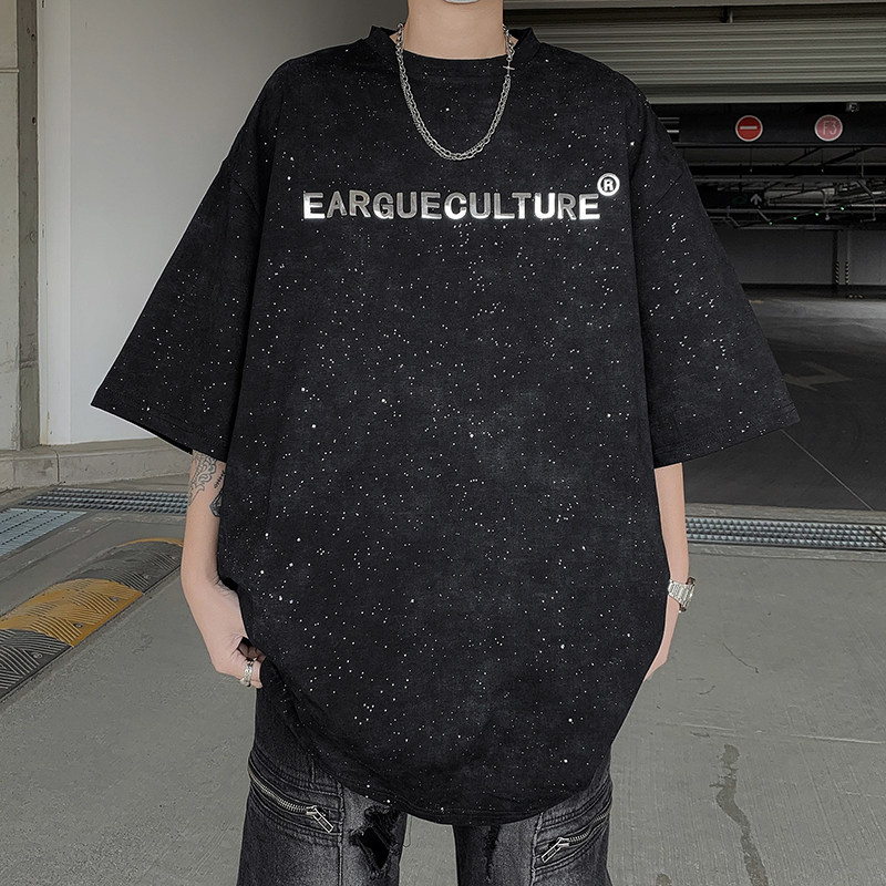 美式重磅水洗做旧满天星宽松短袖T恤百搭男女星空体恤-H86047-P68,男装T恤,电商B289