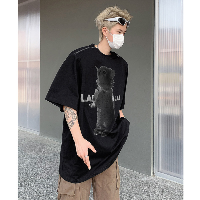 夏季美式卡通兔子印花垫肩短袖男高级感拉链T恤B289-H86088-P68,男装T恤,电商B289
