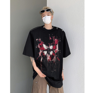 美式金属拉链设计垫肩蝴蝶印花涂鸦宽松短袖T恤男B289-H8700-P68图片