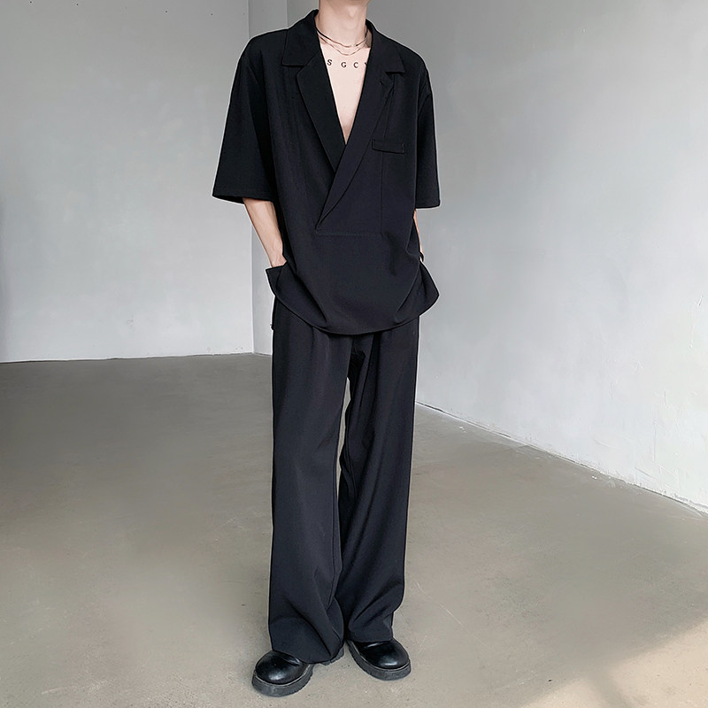 黑色交叉翻领套头短袖衬衫休闲-HB1569-P75裤子B289-K8567-P55,男装衬衫,电商B289