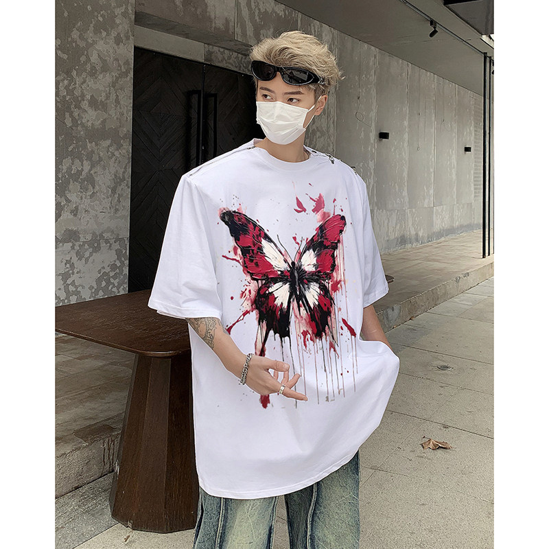 美式金属拉链设计垫肩蝴蝶印花涂鸦宽松短袖T恤男B289-H8700-P68,男装T恤,电商B289