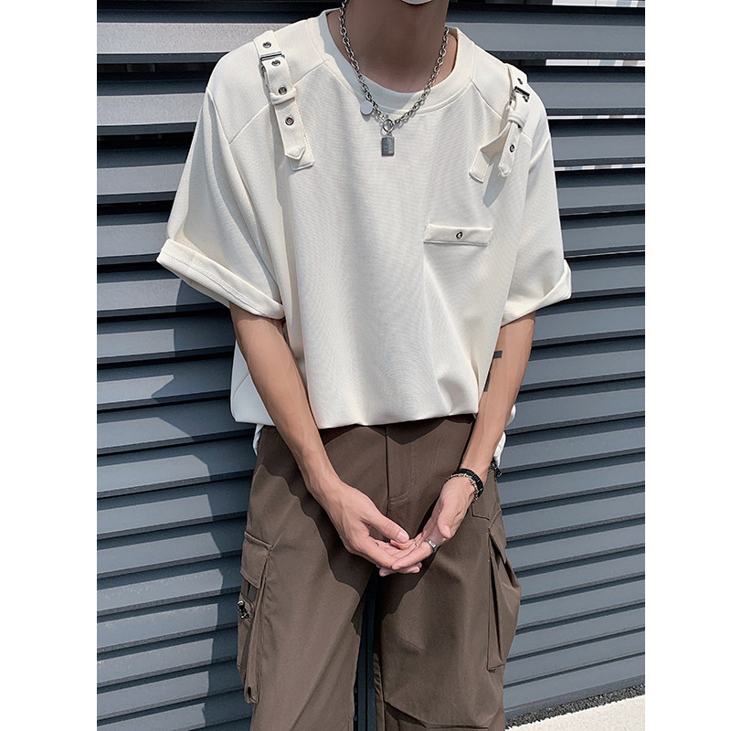 高级设计感绑带百搭基础韩版纯色宽松短袖T恤半袖B289-H86053-P68图片