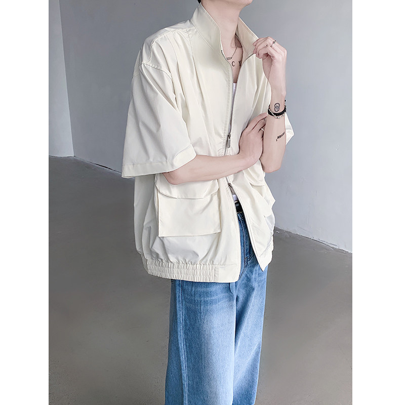 立领双拉链宽松短袖夹克男女开衫衬衣薄款防晒衣外套-1132-P75图片