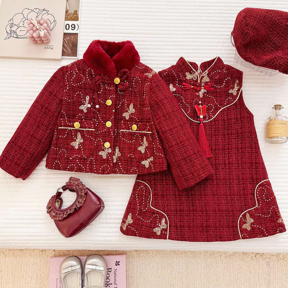 女童加绒拜年服套装红色2025年冬季新款国风毛领外套背心裙两件套