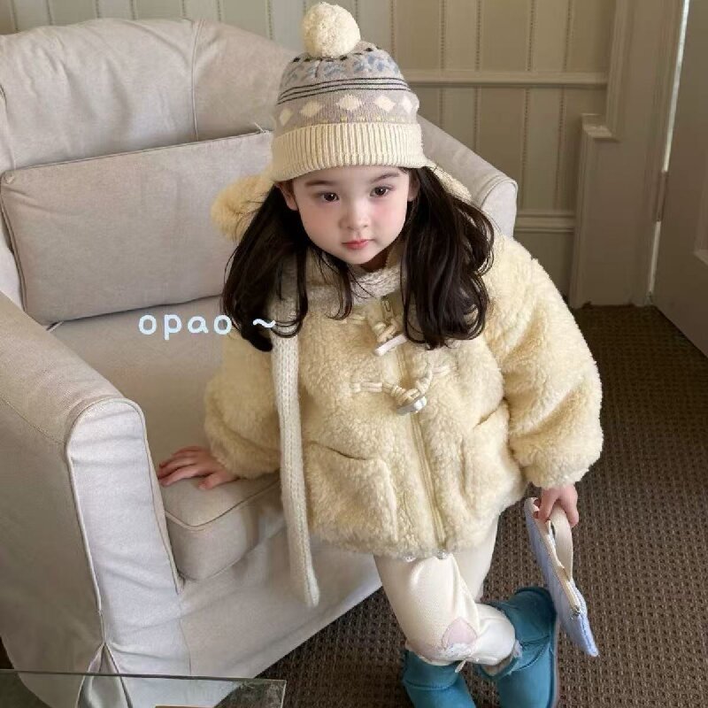 opao女宝冬季可爱小熊羊羔毛连帽外套女童超萌卡通加厚保暖棉服