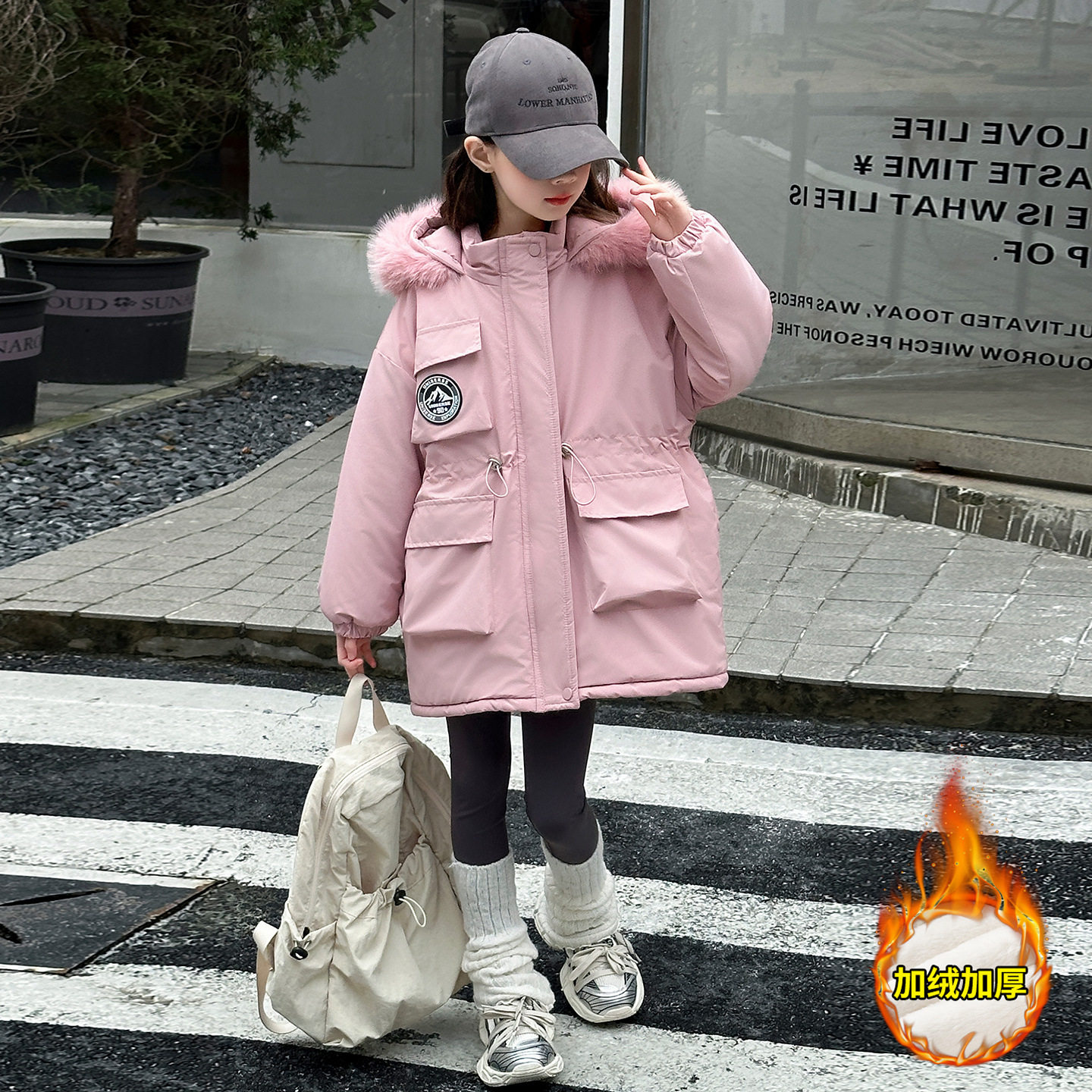 女童棉服冬季外套2025新款儿童加厚棉衣加绒洋气中长款收腰派克服