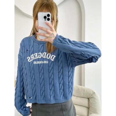 MLB/25秋新款针织衫女子短款NY复古字母学院风运动毛衣3FKPV0354