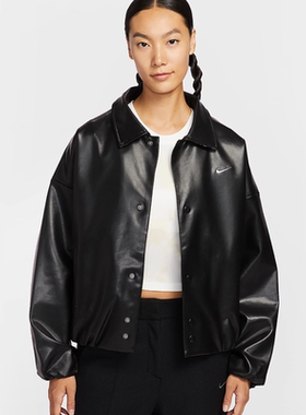 Nike/耐克立领外套女25冬新刺绣小标黑色休闲皮衣夹克IO0477-010