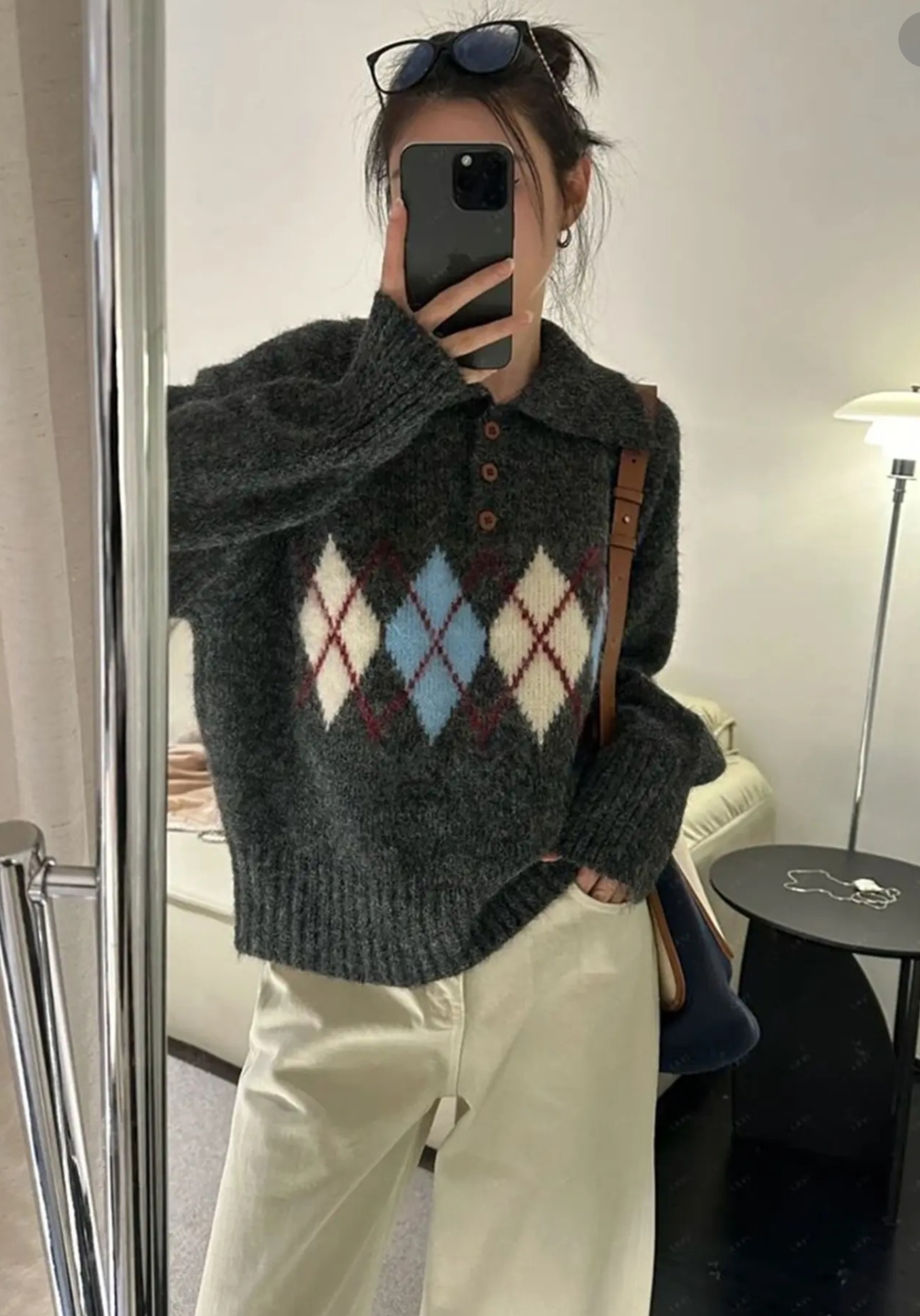 2025秋冬新款韩版宽松显瘦百搭菱形格翻领套头毛衣女针织衫上衣