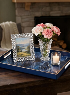 轻奢蓝色大理石纹长方形托盘茶水盘装饰性托盘酒店卫浴收纳盘