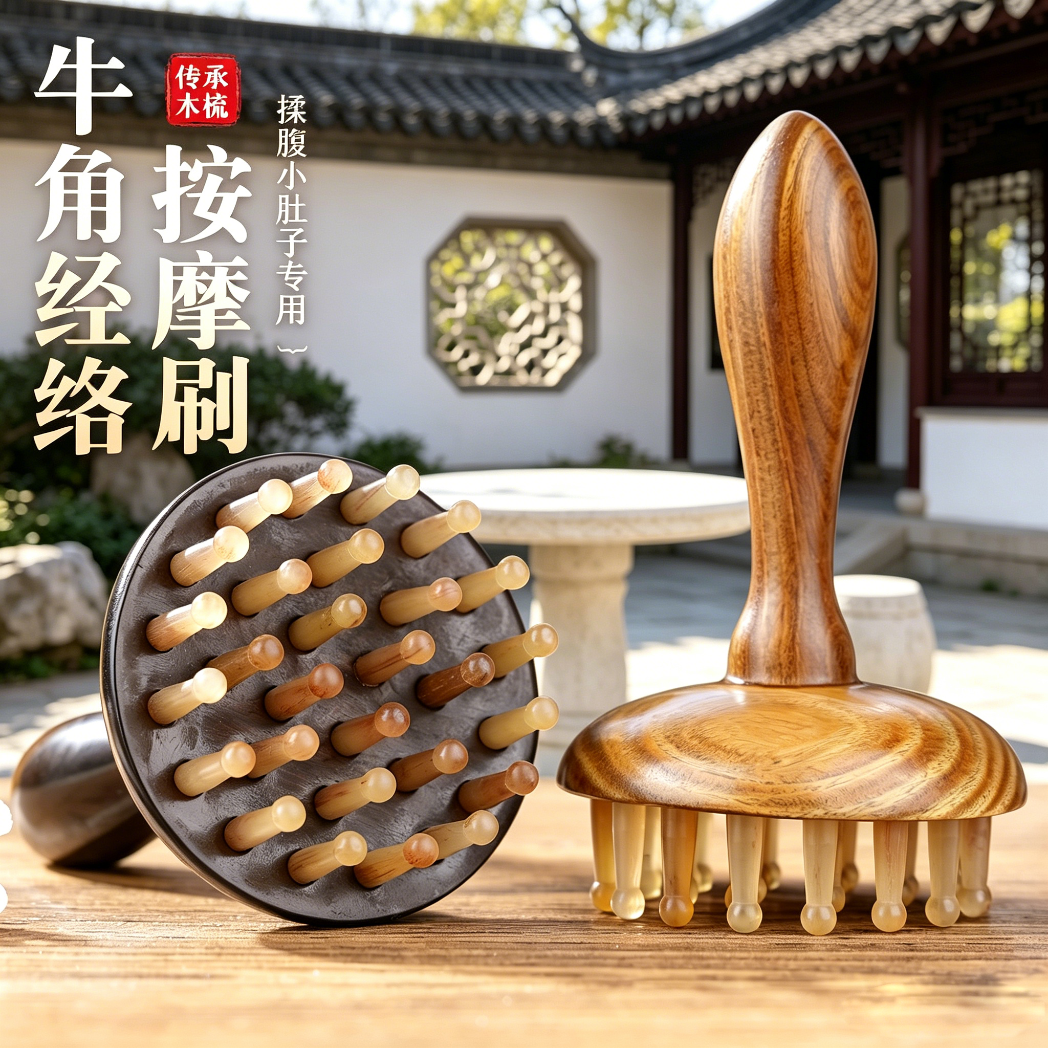 绿檀木牛角经络按摩梳全身通用颈部刮痧指环梳护发护理工具居家用