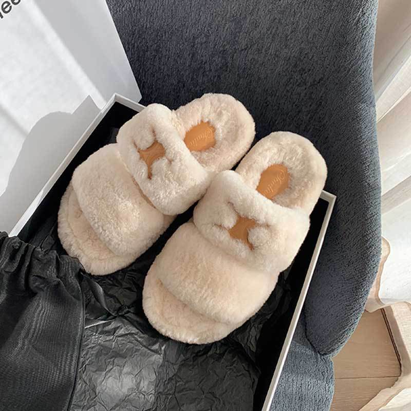 兔毛拖鞋女2022年春秋季新款时髦一字百搭休闲平底毛毛拖鞋女外