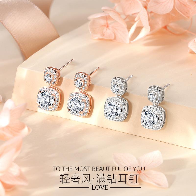 轻奢满钻耳钉纯银925几何方块耳钉镶锆石蚊香时尚气质小众耳饰