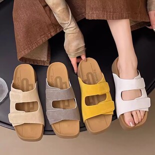 刘雯同款真皮厚底凉拖鞋女夏外穿松糕一字拖高级感魔术贴勃肯