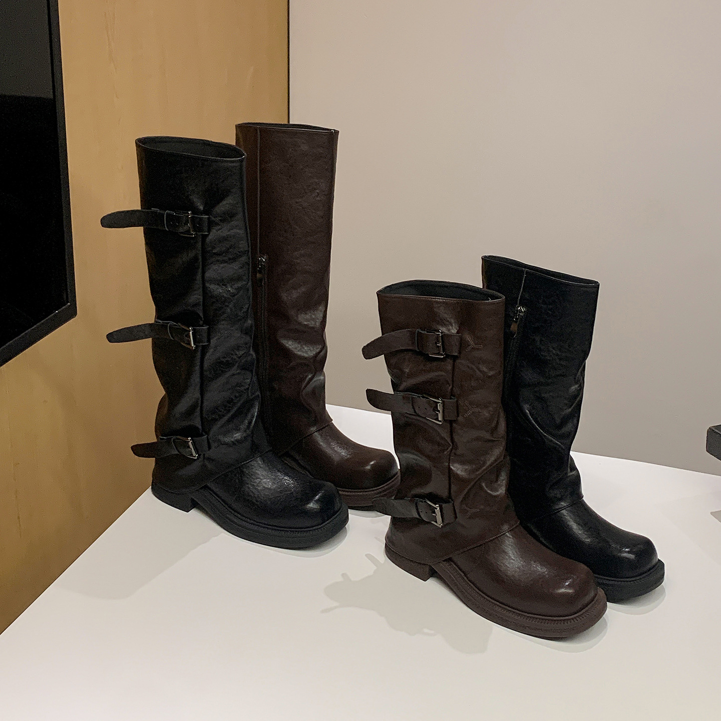 葡萄妈同款增高皮带扣方圆头褶皱中筒骑士靴女西部褶皱堆堆裤管靴