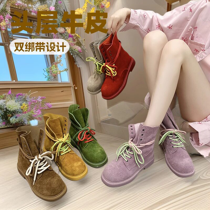 头层牛皮马丁靴女款2025欧美风夏季新款女款绿色开春双绑带机车靴
