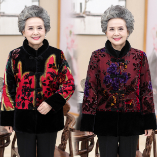 中老年女装金丝绒棉服妈妈冬装外套连帽保暖奶奶唐装棉袄大码
