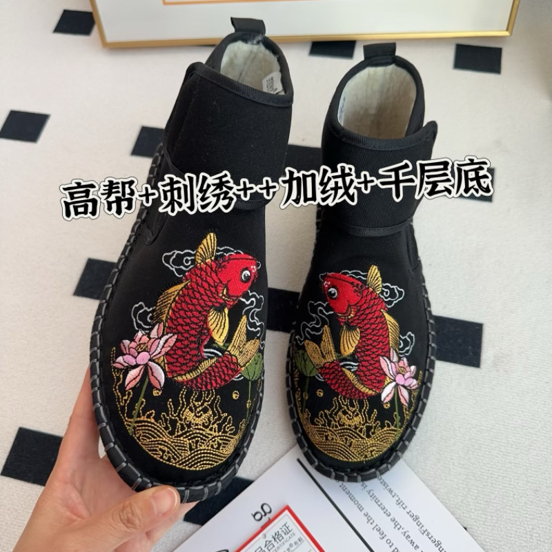 老北京布鞋高帮刺绣男士潮流民族风懒人情侣保暖社会鞋韩版中国风