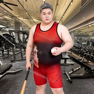 大码 塑身连体衣4XL弹力一体式 背心摔跤服骑行举重运动连体裤 男士