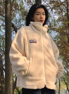 ThrillsCrew 奶白色刺绣休闲立领保暖羊羔绒外套百搭宽松情侣棉服