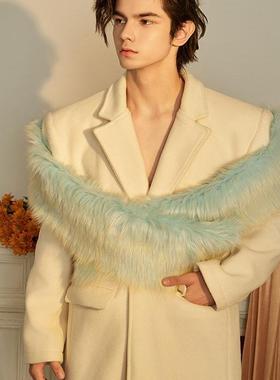 ADD STUDIO 24 A/W海盐蓝皮草缠绕交织长款毛呢收腰大衣外套