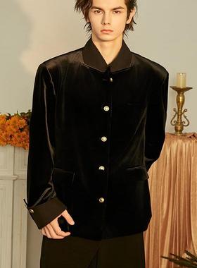 ADD STUDIO 24 A/W立领拼接高级天鹅绒丝绒西装外套