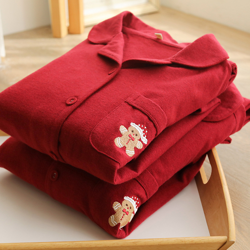 情侣睡衣男女秋冬圣诞红纯棉磨毛姜饼人亲肤保暖简约家居服套装