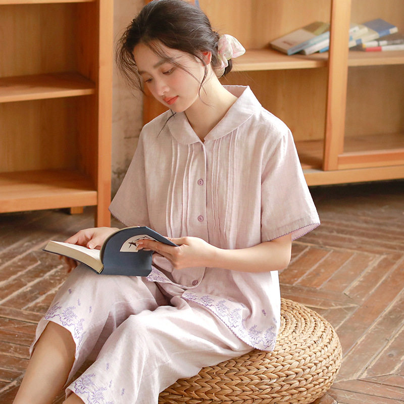 纯棉纱布睡衣女刺绣短袖带胸垫