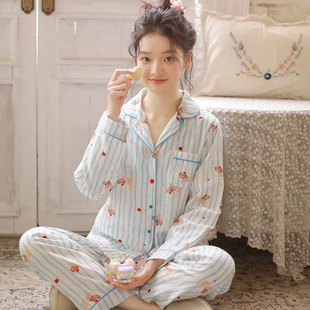 睡衣女纯棉纱布ins风条纹小狗清爽可爱全棉四季 款 长袖 家居服套装