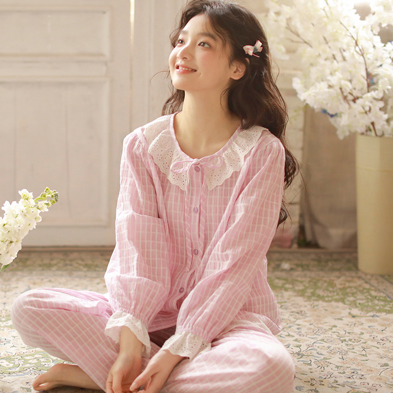 春夏新款睡衣女纯棉纱布甜美纯色系蓝花边可爱棉质长袖家居服套装