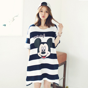 春夏季韩版短袖睡裙女式纯棉米奇宽条纹大码宽松款长袖家居裙睡衣