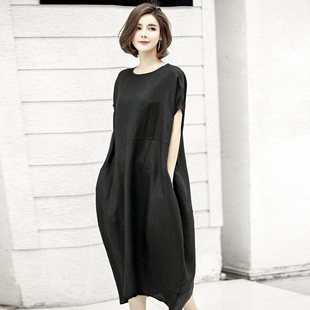 裙色汇2025新款纯色连衣裙夏复古宽松显瘦气质裙子日常通勤不规则