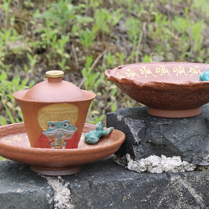 呱呱来财火山岩泥三才盖碗岩矿纯手工坯陶瓷粗陶复古功夫茶具