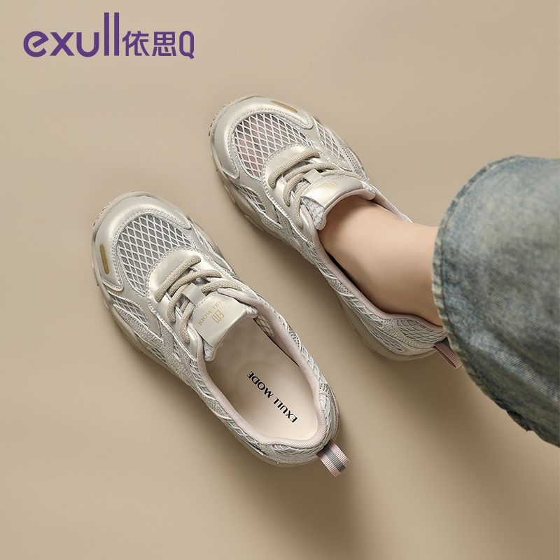 依思Q网纱镶钻运动鞋2025年夏季新款透气舒适系带休闲鞋女鞋